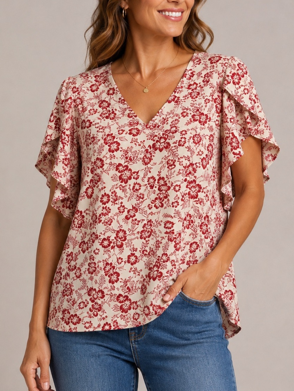 Cream and Red Floral V-Neck Flutter Sleeve Blouse - L